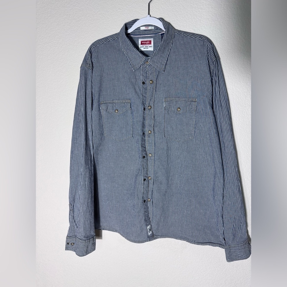 Wrangler Men’s Indigo Striped Denim Long Sleeve Shirt Brown Pearl Snaps Size XL